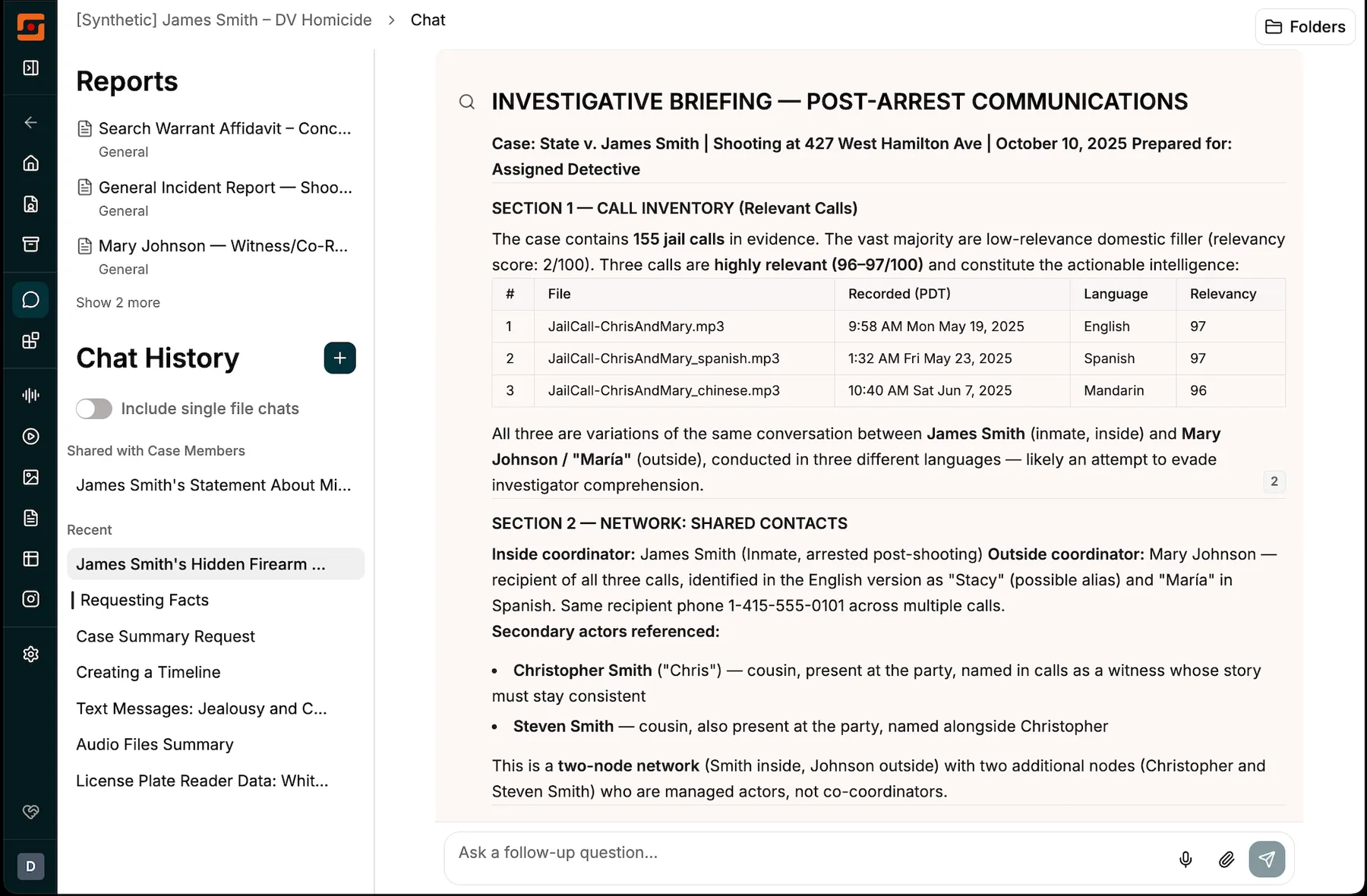Longeye reading a corrections case: investigative briefing across 155 jail calls, surfacing three highly-relevant calls in English, Spanish, and Mandarin.
