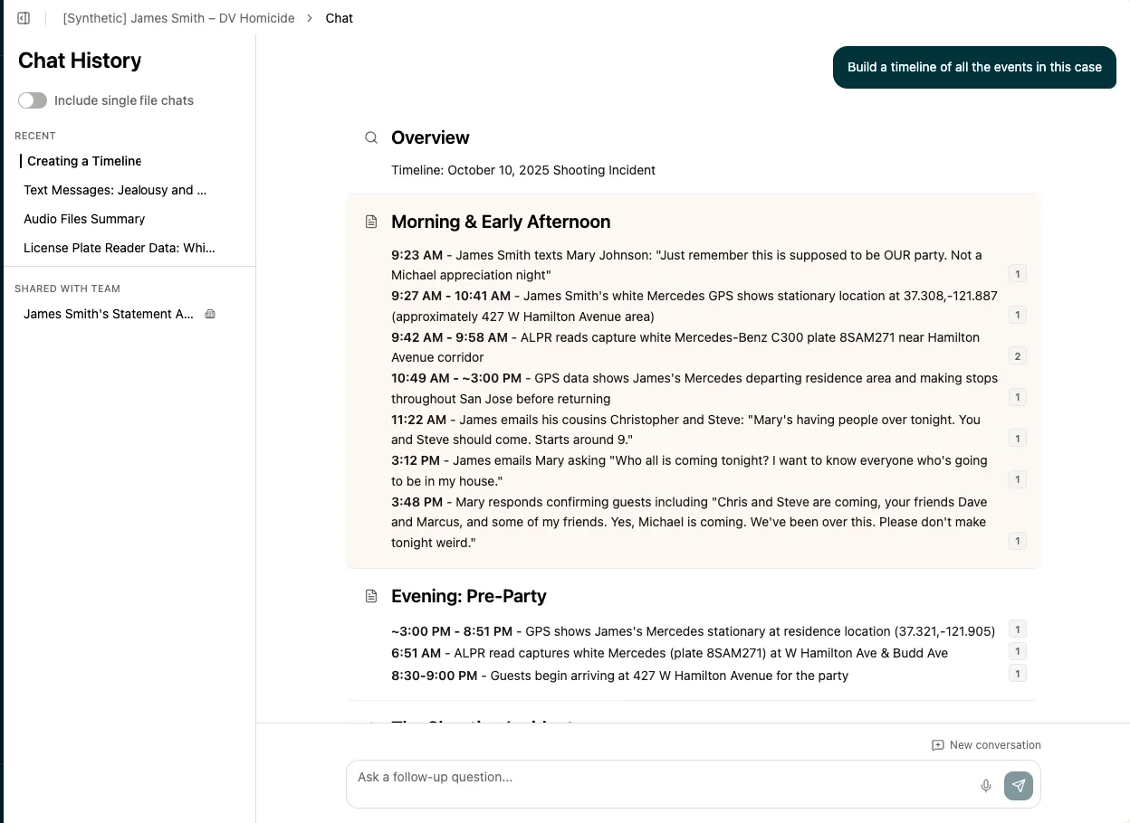 Longeye builds a comprehensive timeline from all case evidence with a single prompt