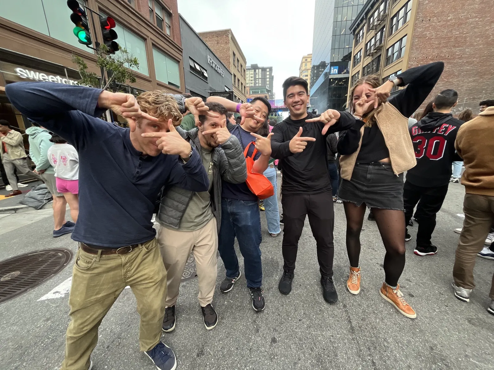 The Longeye team making the Longeye hand sign on a San Francisco street