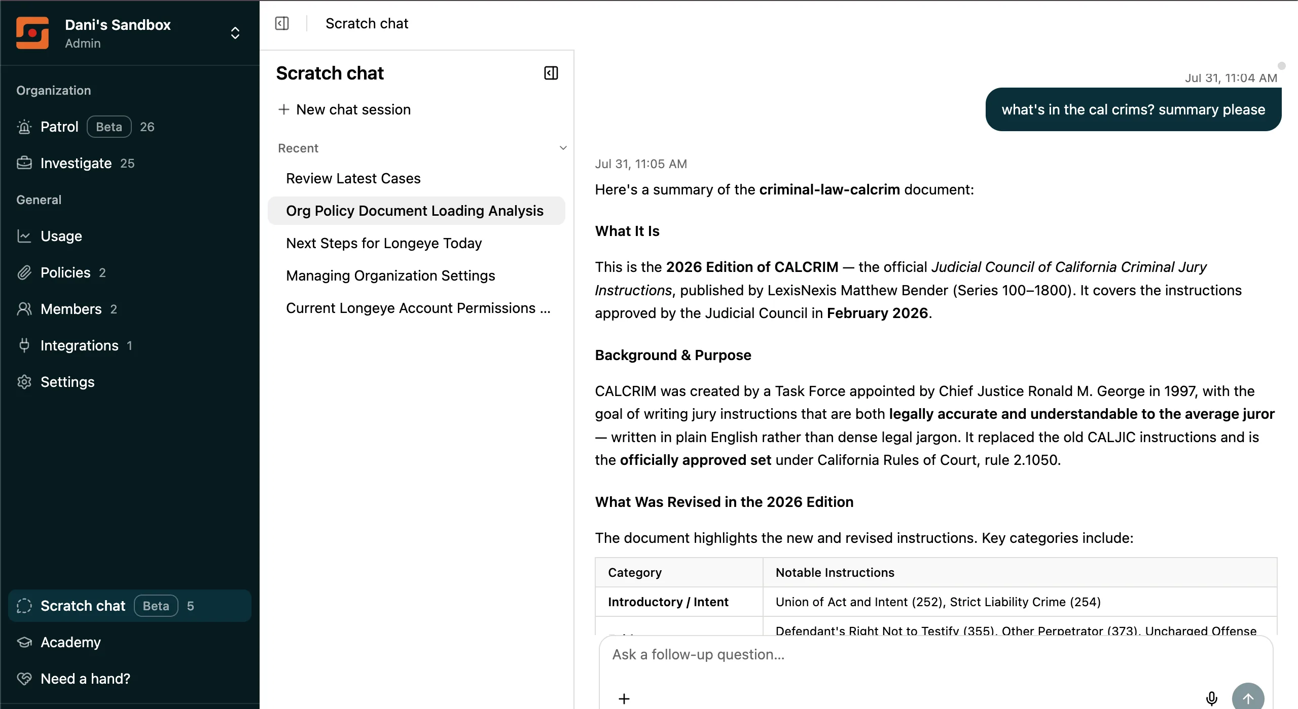 Longeye Scratch chat summarizing the 2026 California Criminal Jury Instructions from an uploaded policy document