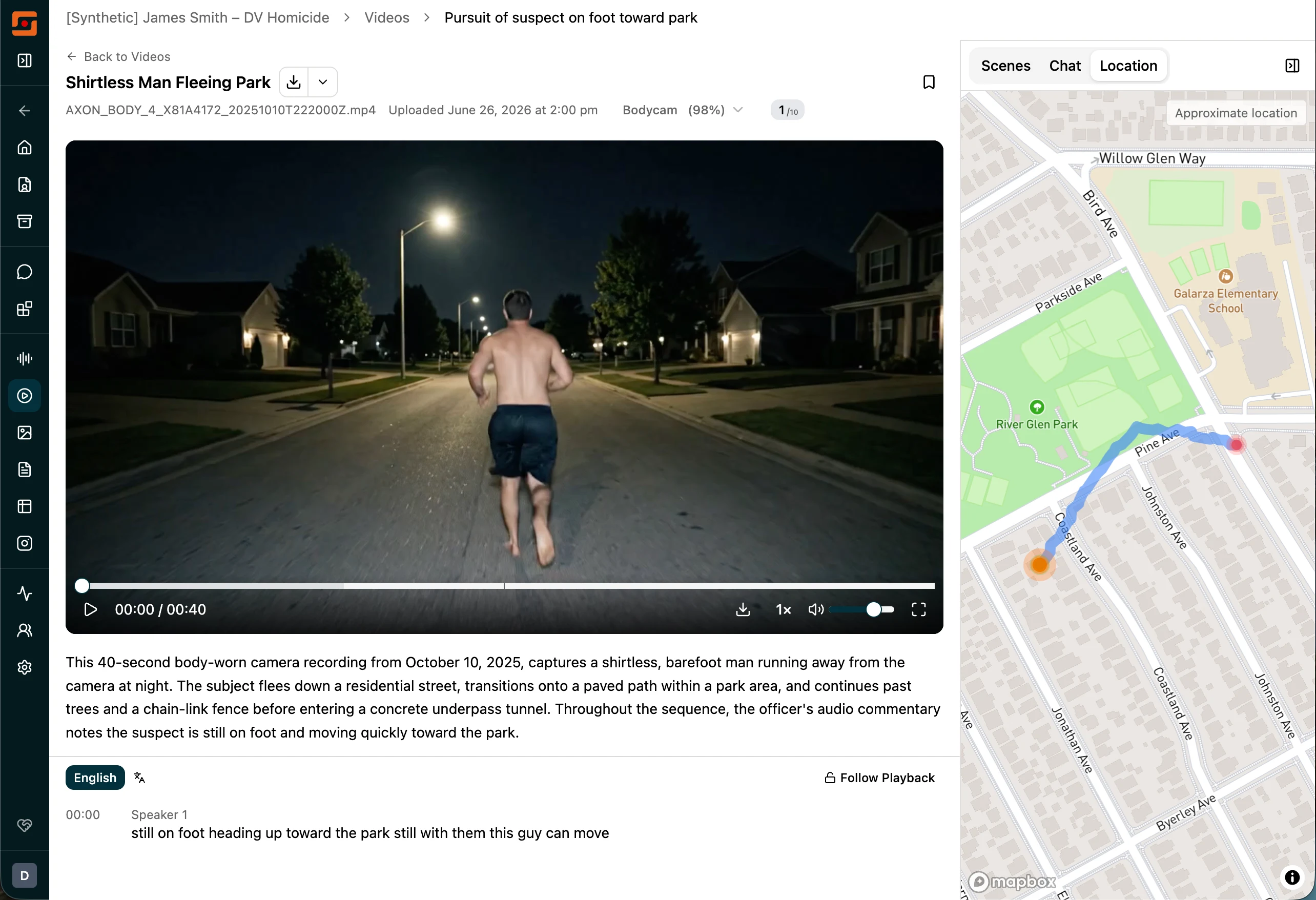 Video detail page with bodycam playback beside a Location tab showing the GPS path for the recording