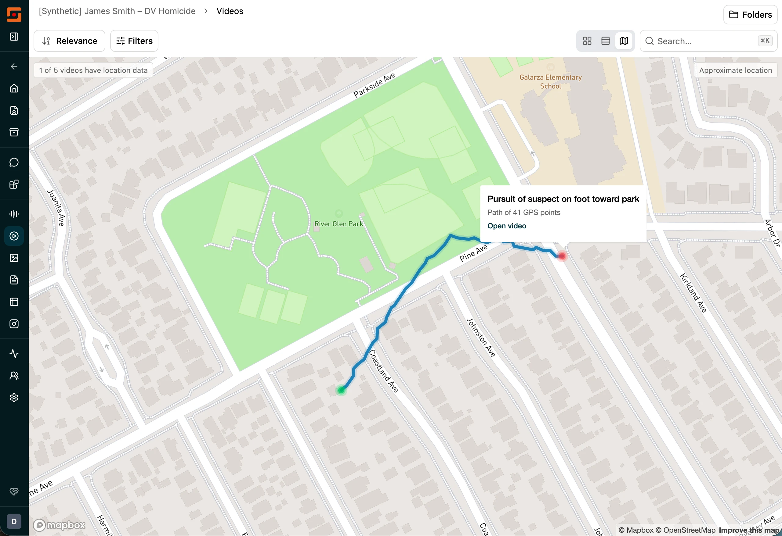 Videos map view showing an Axon bodycam GPS trail drawn across a park and neighborhood streets