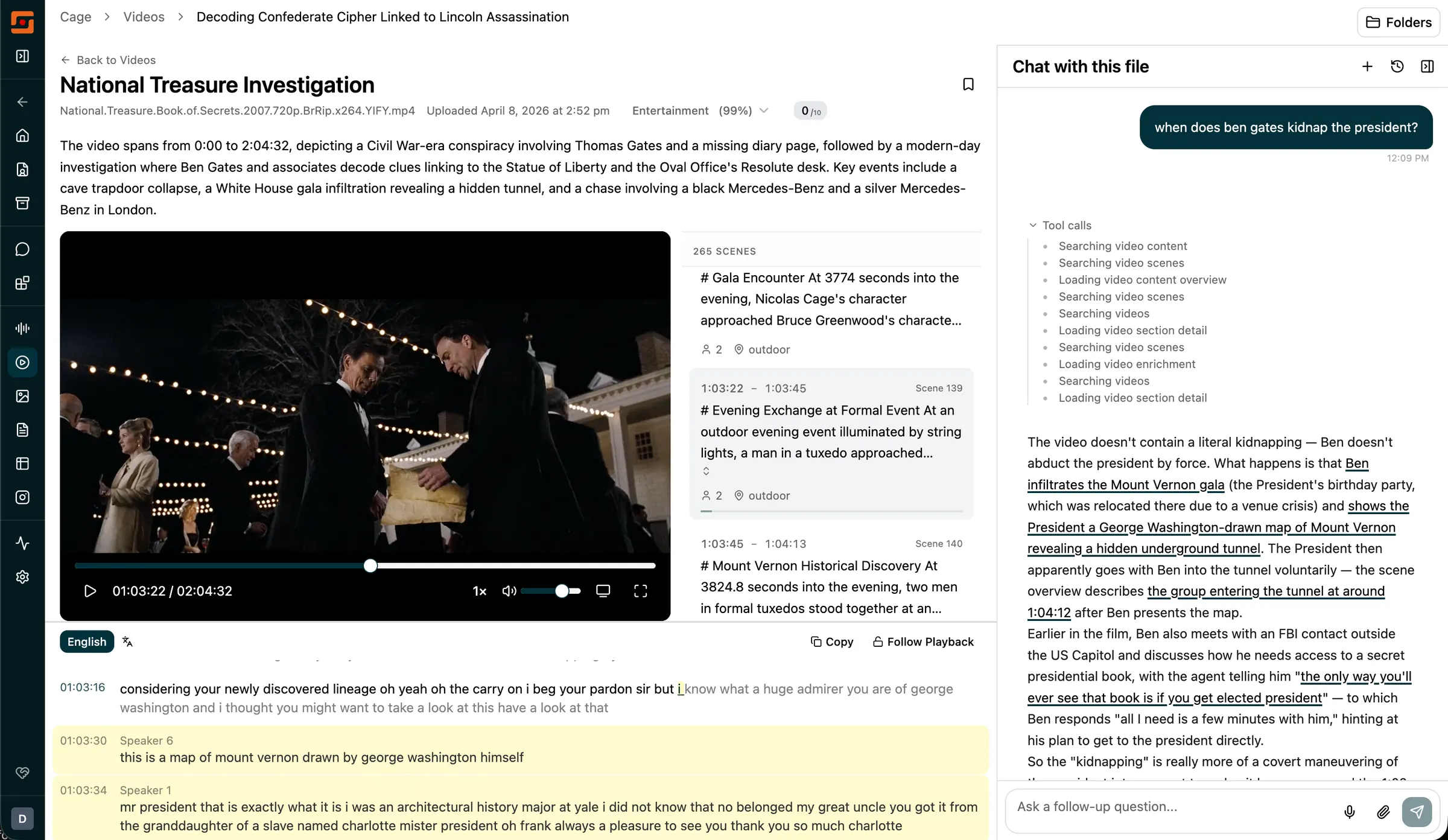 Video detail page showing extracted scenes beside synchronized playback and a cited Chat answer