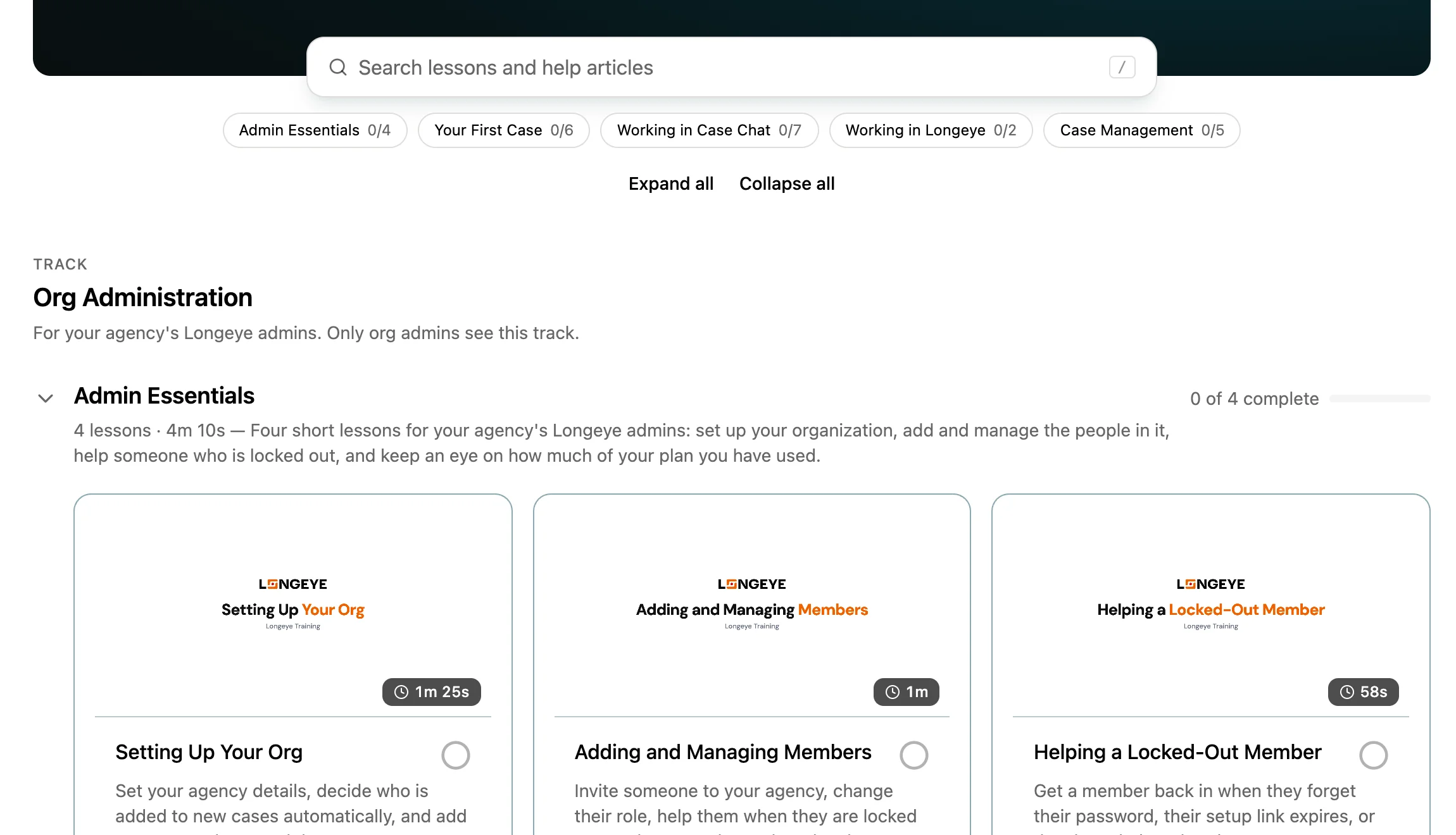 Longeye Academy with the Org Administration track listed first for an org admin