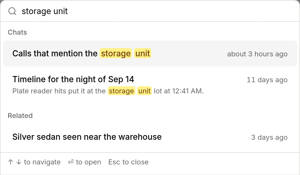 The chat history search box with the words storage unit typed in. Two past chats match, with storage unit highlighted in a title and in a short excerpt, and a third chat is listed under Related