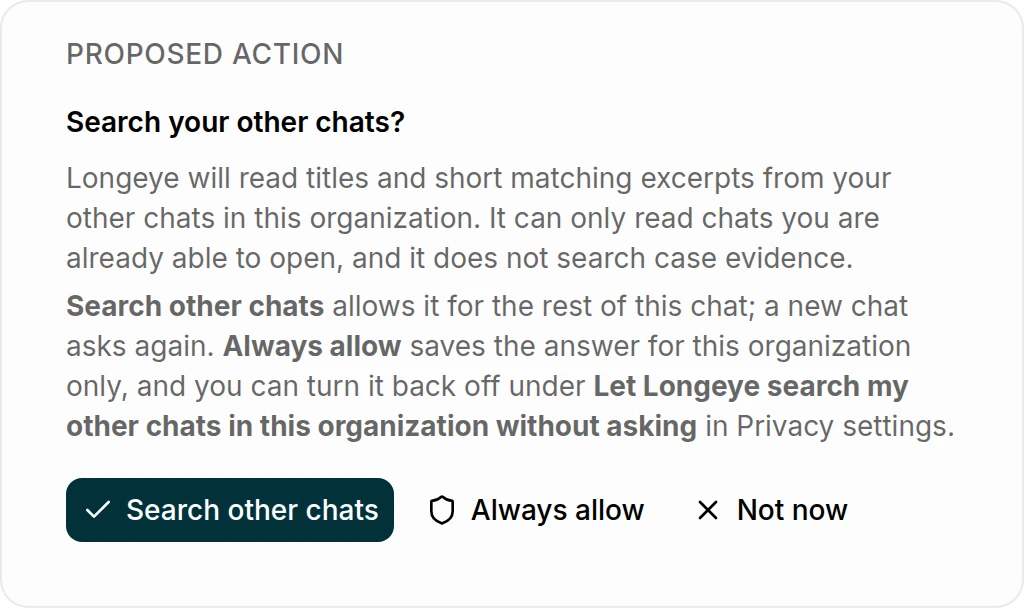 The card Chat shows before it searches your other chats, explaining what it will read, with three buttons: Search other chats, Always allow, and Not now