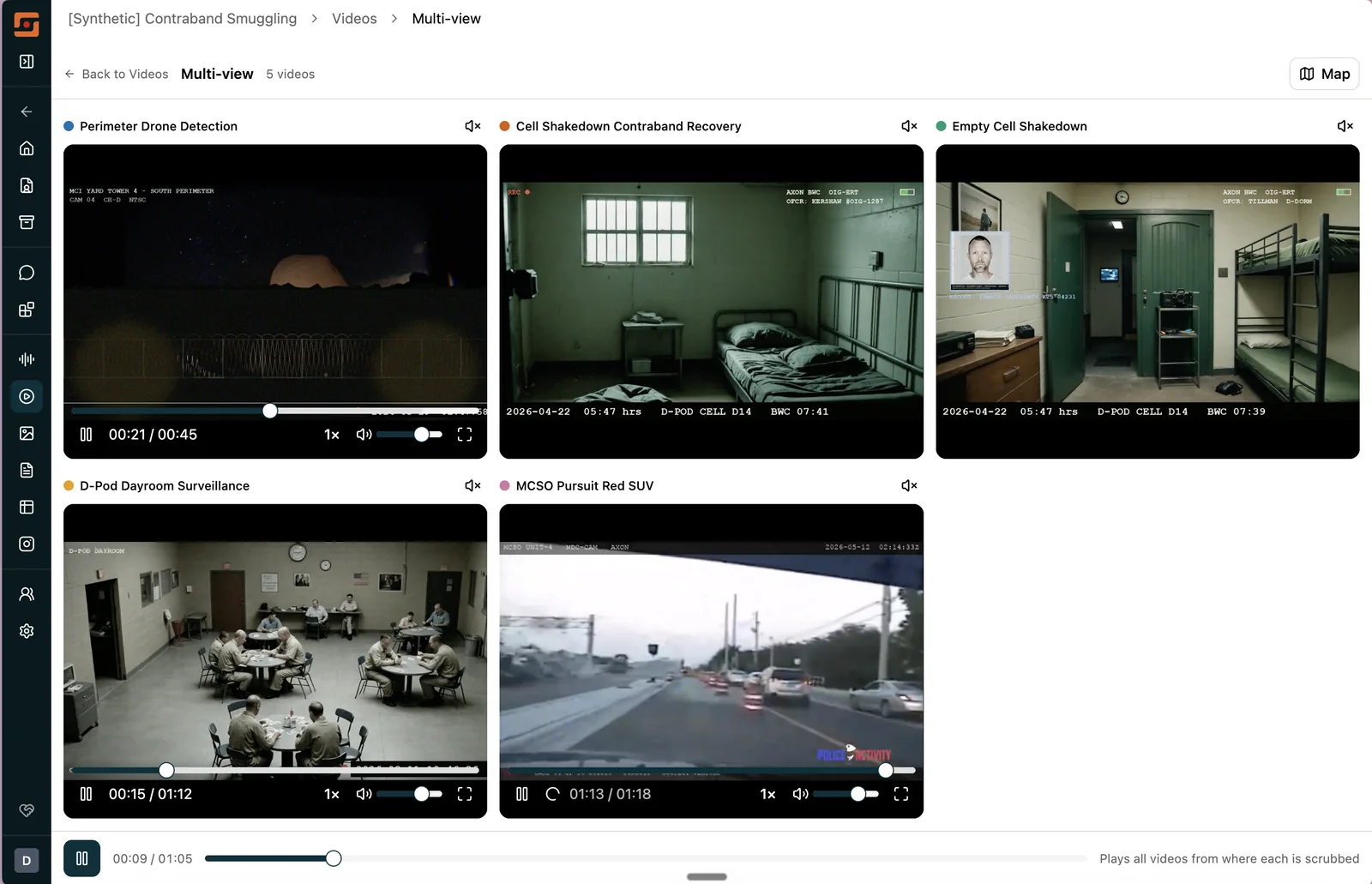 Multi-view in a synthetic contraband case: five videos playing side by side, including perimeter surveillance, two body camera cell shakedowns, dayroom surveillance, and a dash camera pursuit, each with its own scrubber and a shared master timeline below