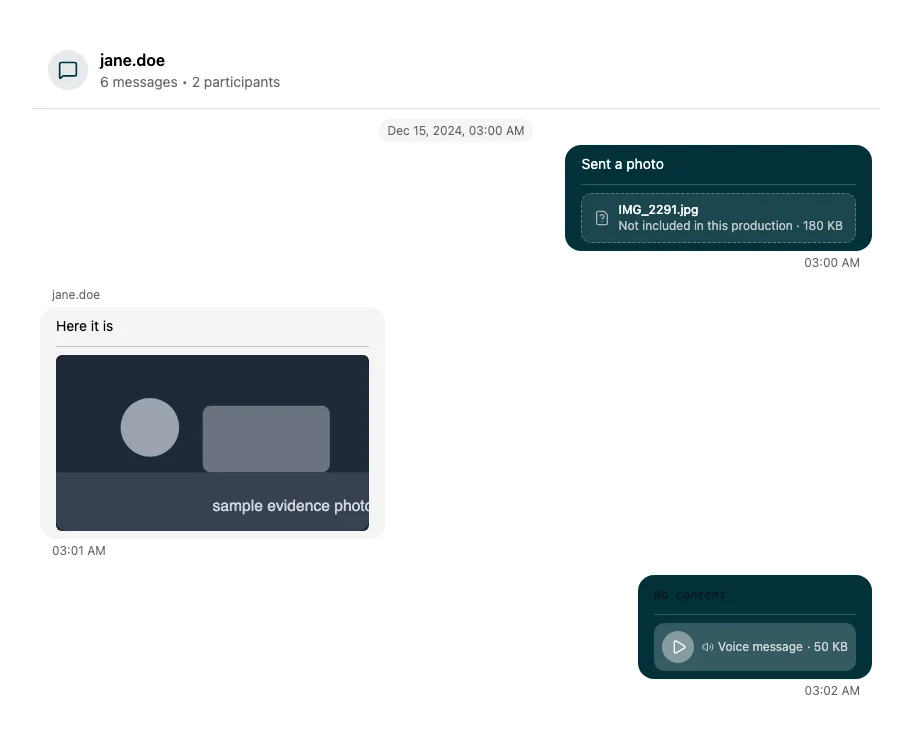 A social media thread with a photo attachment, a voice message, and a video rendered inline in the conversation