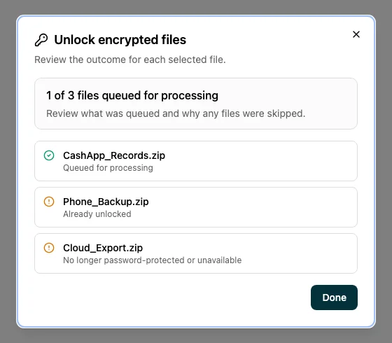 The unlock encrypted files dialog showing three archives with their outcomes: one queued for processing, one already unlocked, one no longer password-protected