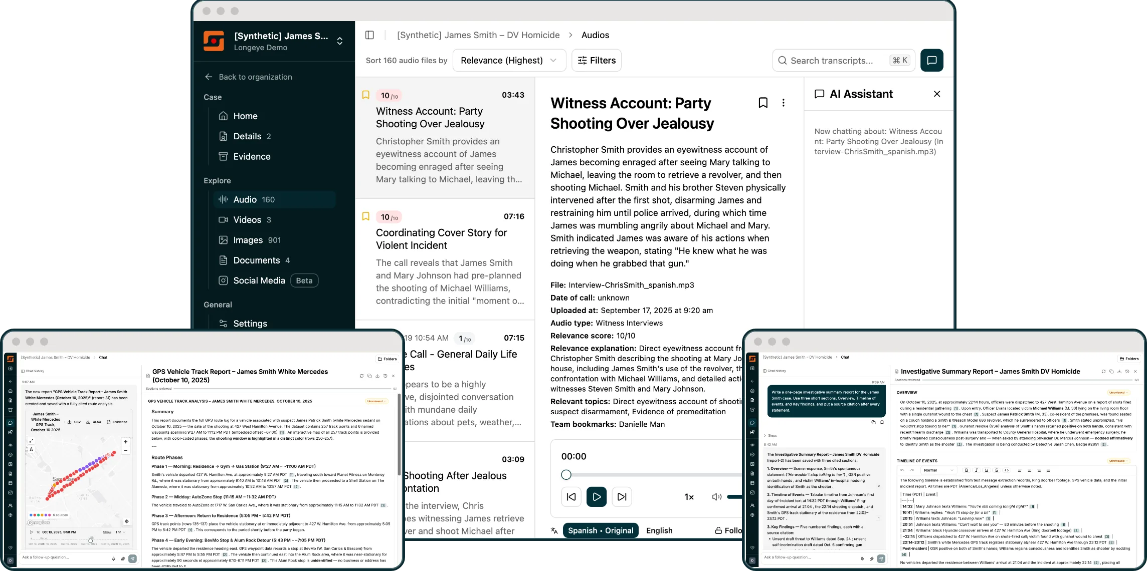 Longeye screens: a jail-call transcript with its AI Assistant panel, a GPS track on a map, and an investigative summary report with citations.