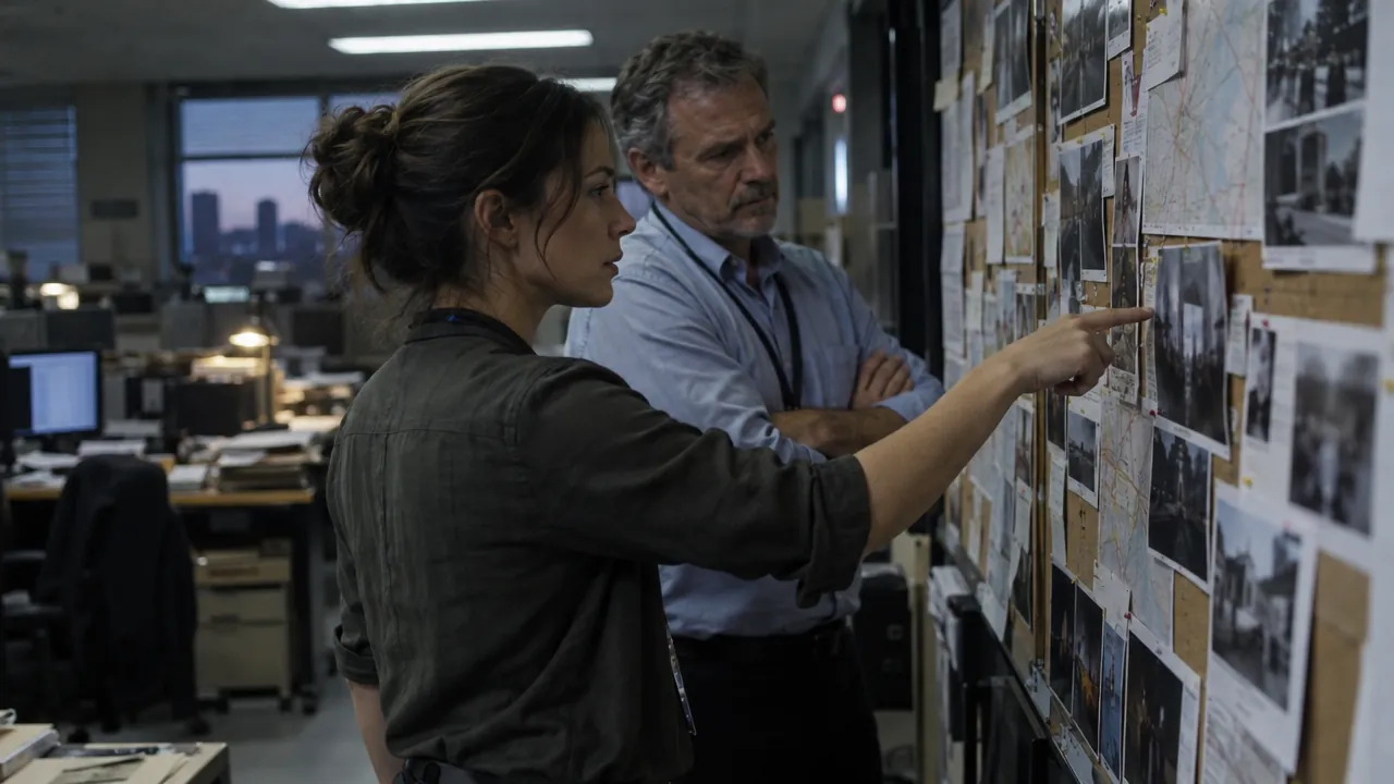 Two detectives working through photos and maps pinned to a case board