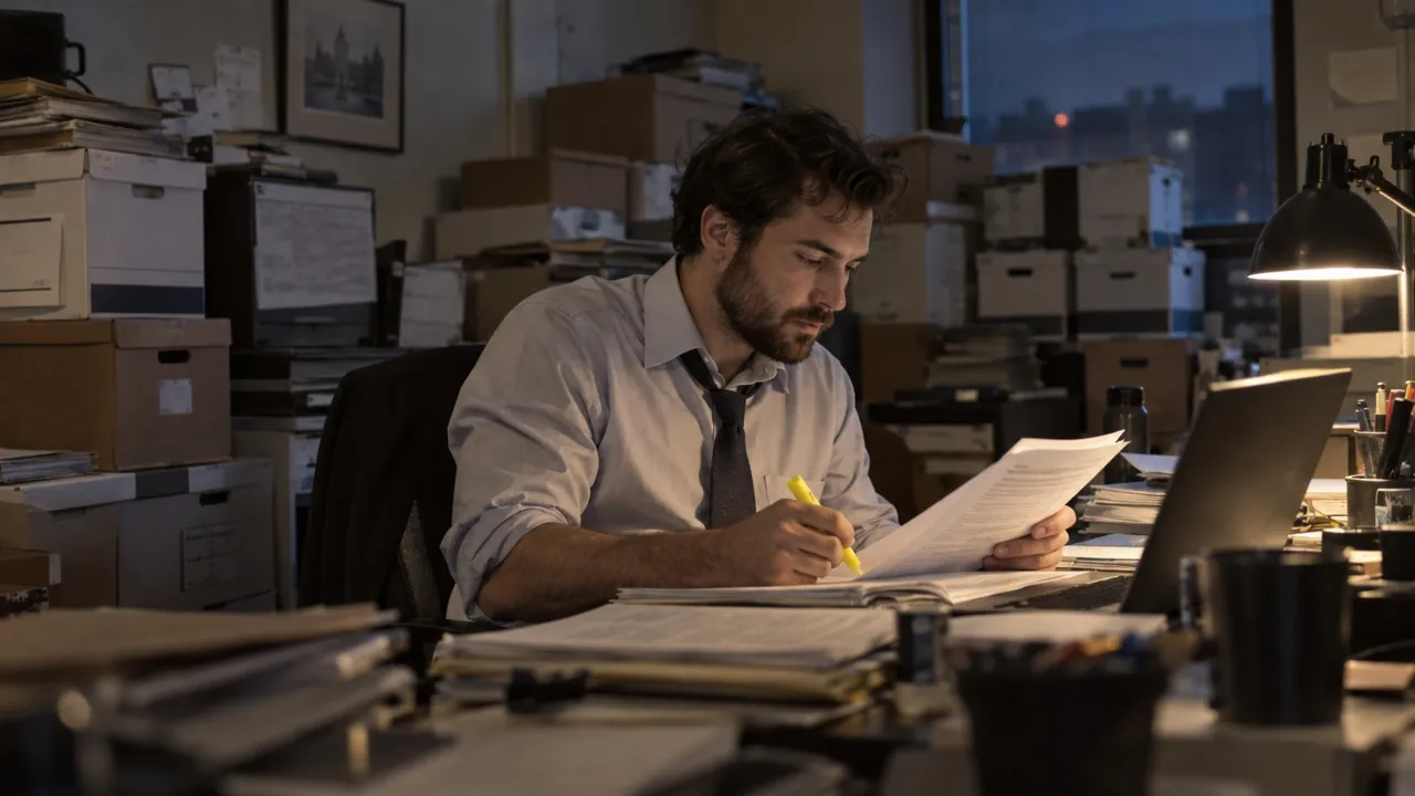 A public defender reading a transcript late in an office stacked with discovery boxes